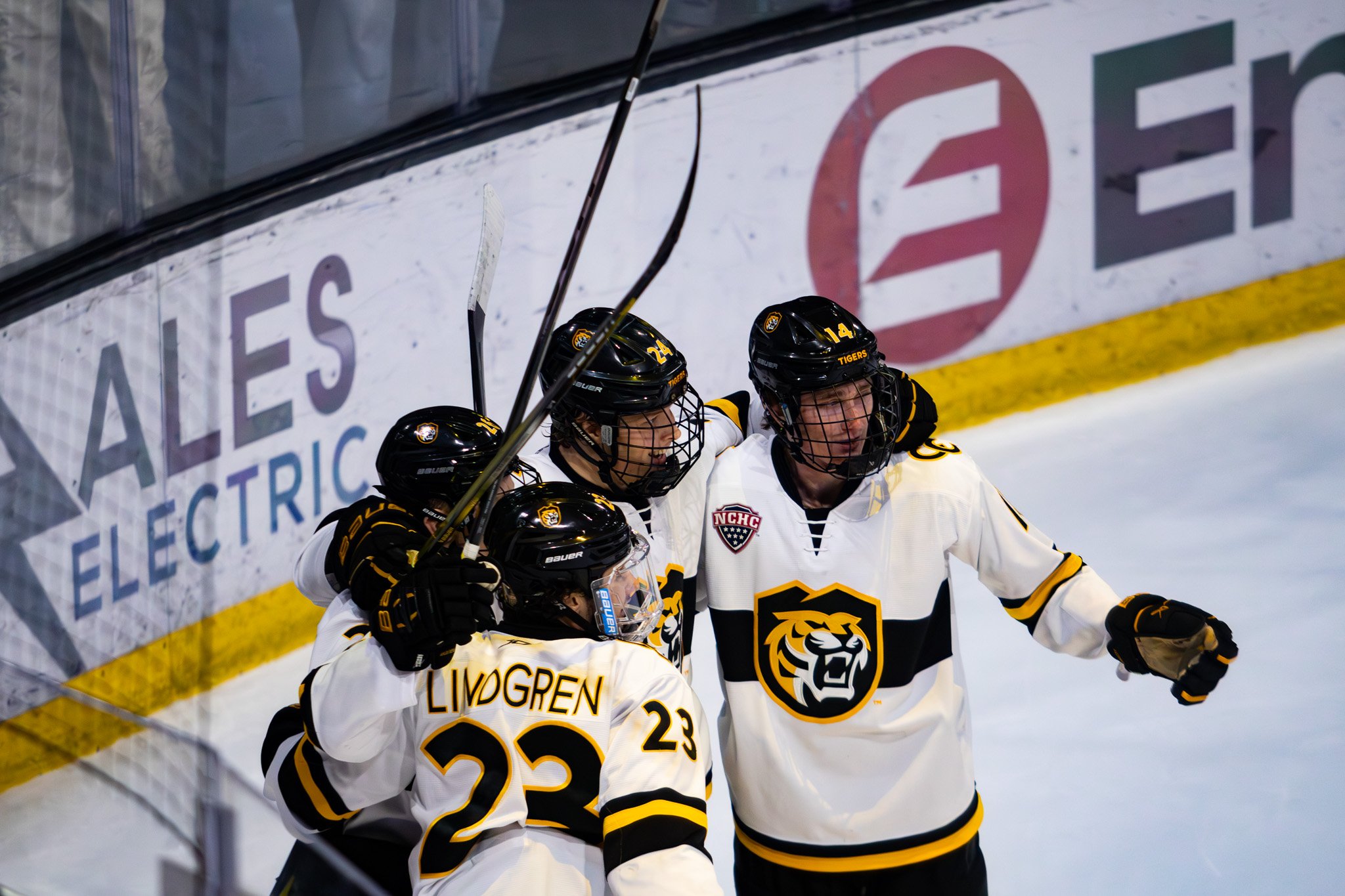 CC hockey players celebrating together